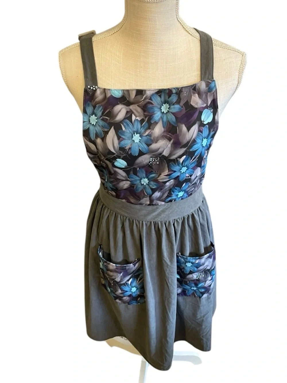 Grey Corduroy Apron with Blue Floral Panels and Pockets